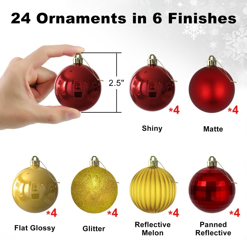 GameXcel Red & Gold 2.5" Christmas Balls Christmas Tree Decoration Ornaments Shatterproof Hanging Balls for Birthday Halloween Holiday Wedding Decorations Set of 24pcs - Image 2